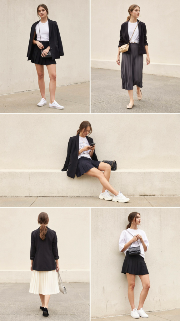 White T-Shirt with Pleated Skirt and Black Blazer