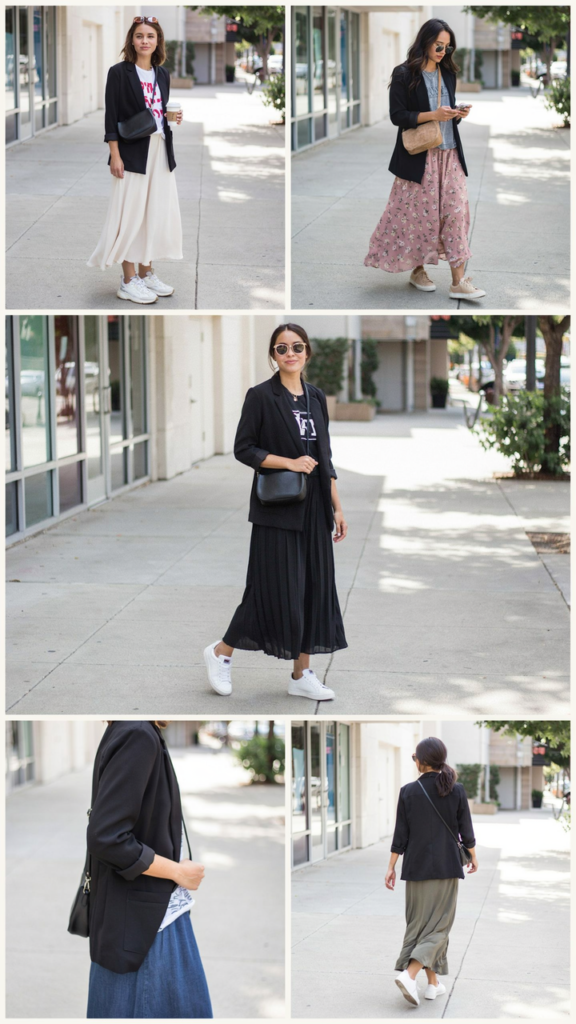 Blazer with Graphic T-Shirt and Maxi Skirt