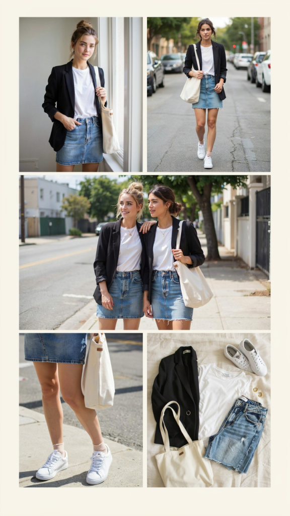 Blazer with T-Shirt and Denim Skirt