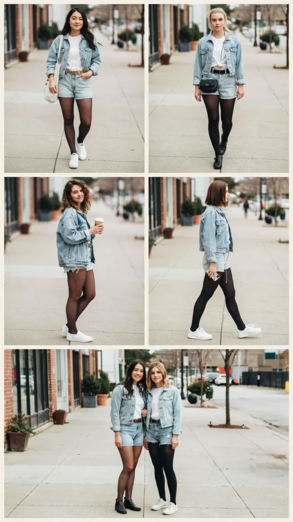 Light Denim Jacket with Jean Shorts and Tights