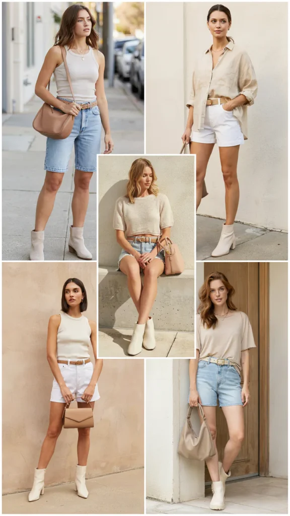 Neutral Beige Top with Denim Shorts and Cream Boots