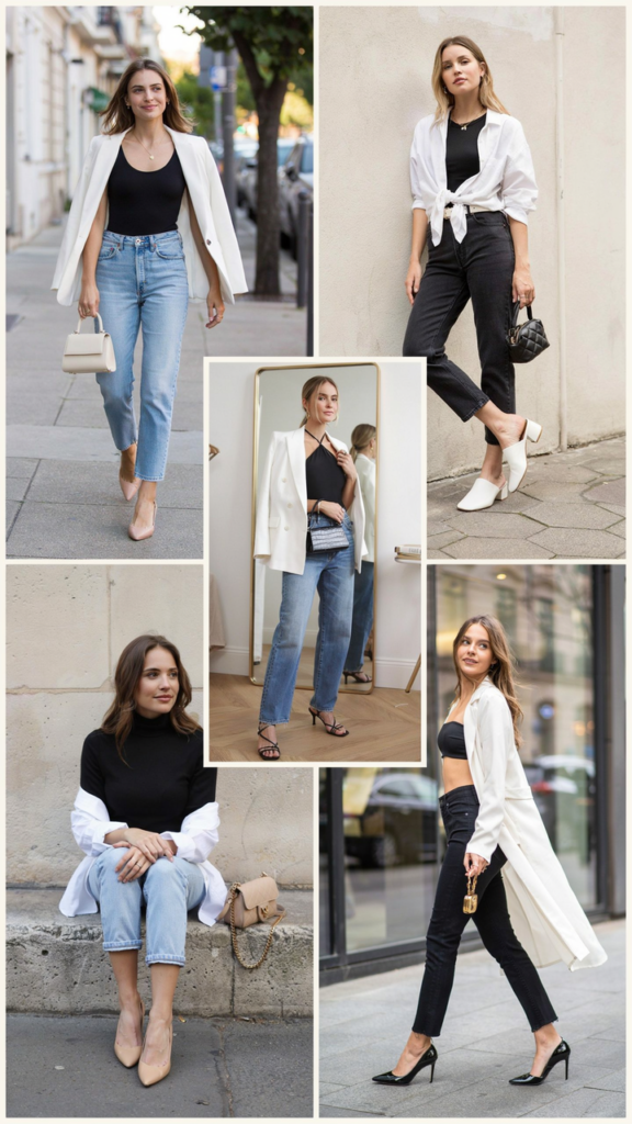 Black Bodysuit, Blue Jeans, and White Blazer