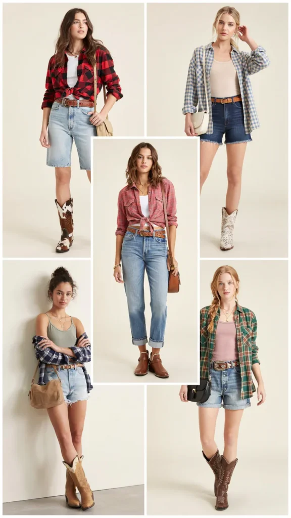 Plaid Shirt with Denim Shorts and Cowboy Boots