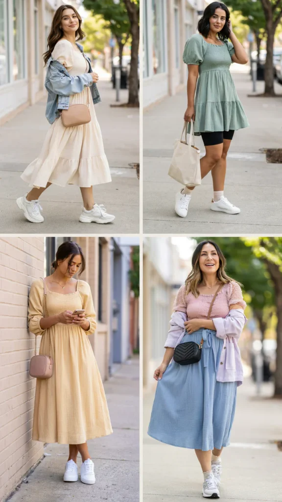 Plus-Size Friendly Smocked Dress with Sneakers