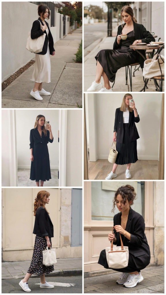 Black Blazer with a Midi Dress and Sneakers