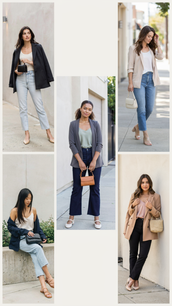 Blazer, Jeans, and Sporty Sneakers