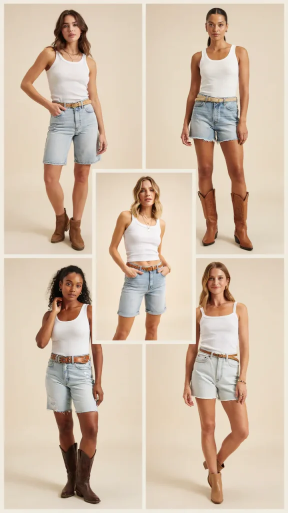 White Tank Top with Denim Shorts and Brown Boots