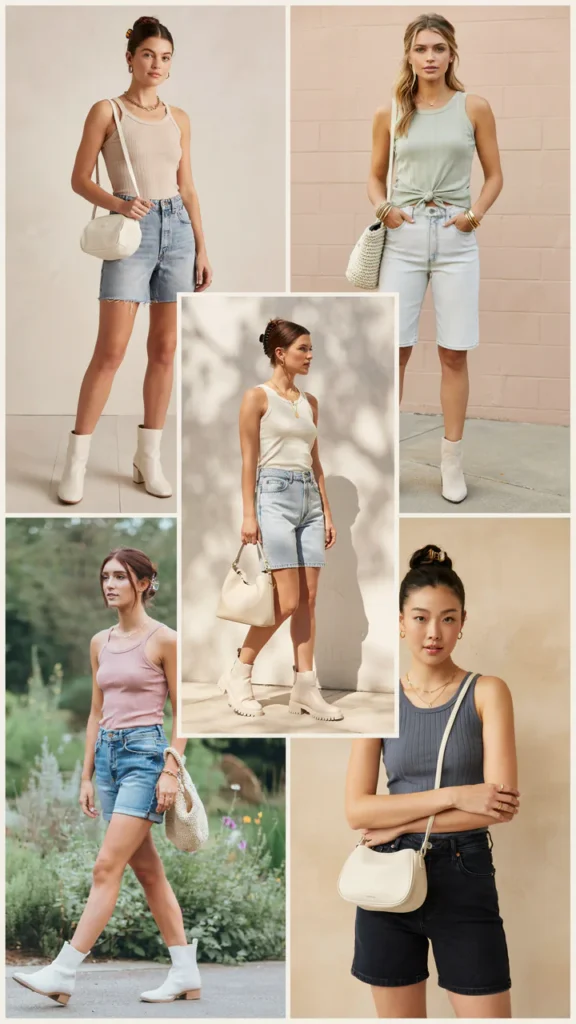 Ribbed Tank with Mom Shorts and White Boots