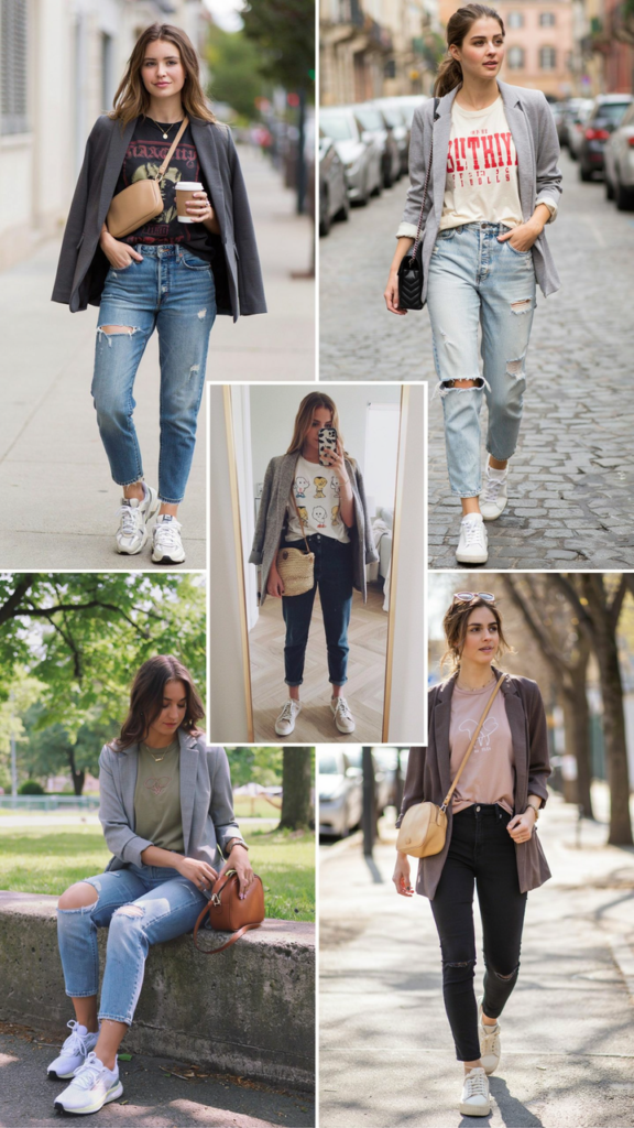 Graphic Tee, Ripped Jeans, and Gray Blazer
