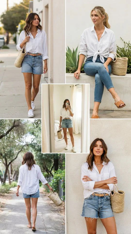 White Button-Up Shirt with Jean Shorts