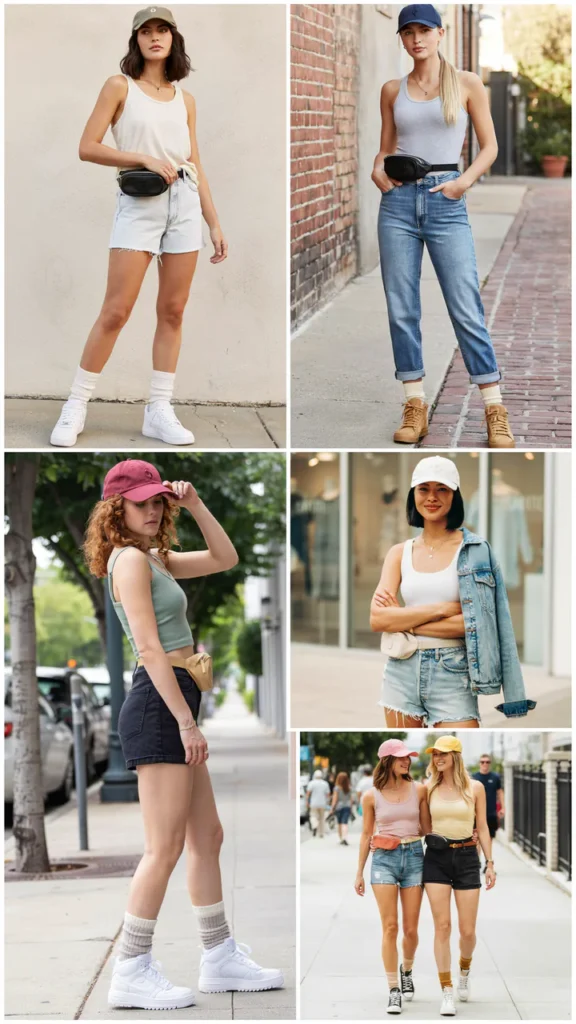 Sporty Tank with Denim Shorts, Sneakers, and Boot Socks
