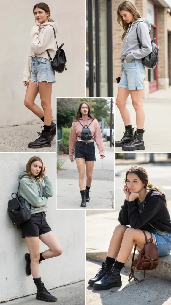 Soft Hoodie with Jean Shorts and Combat Boots