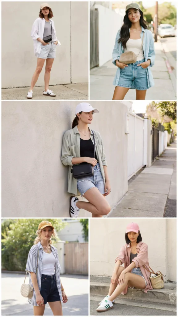  Casual Shirt Dress with Sambas and Denim Shorts Underneath