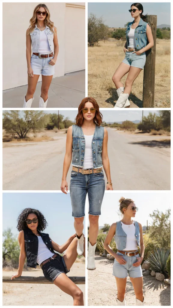 Denim Vest with Jean Shorts and White Cowboy Boots