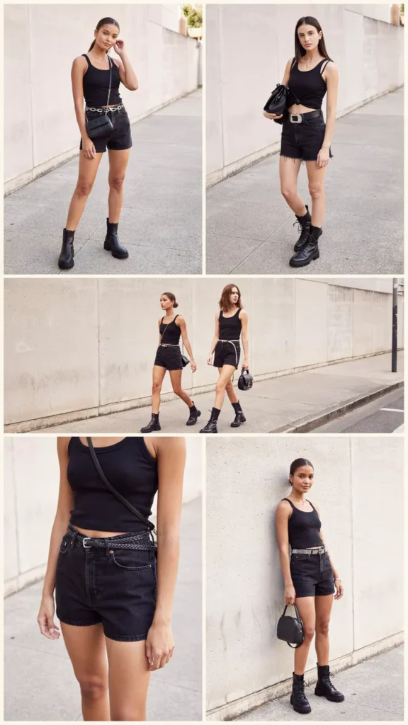 Black Tank with Black Denim Shorts and Black Boots