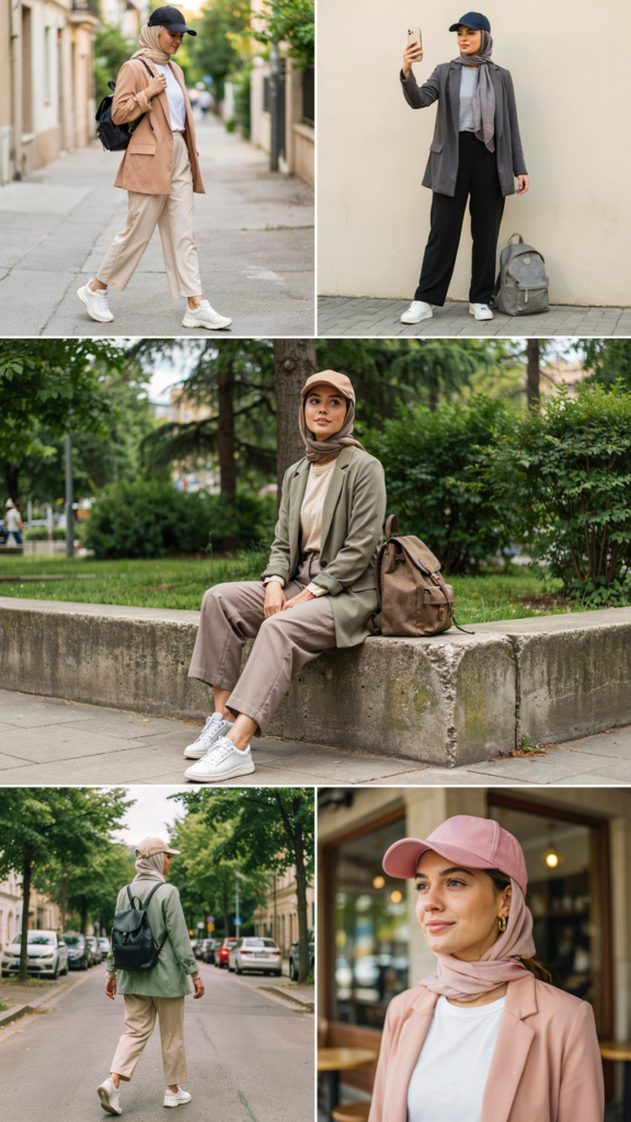 Blazer with Wide-Leg Trousers and Cap