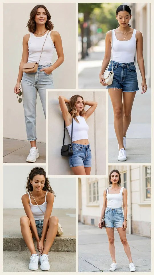 White Tank Top with Denim Shorts