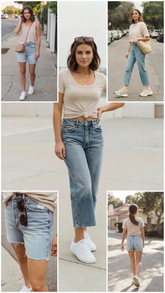 Neutral Beige Top with Jean Shorts