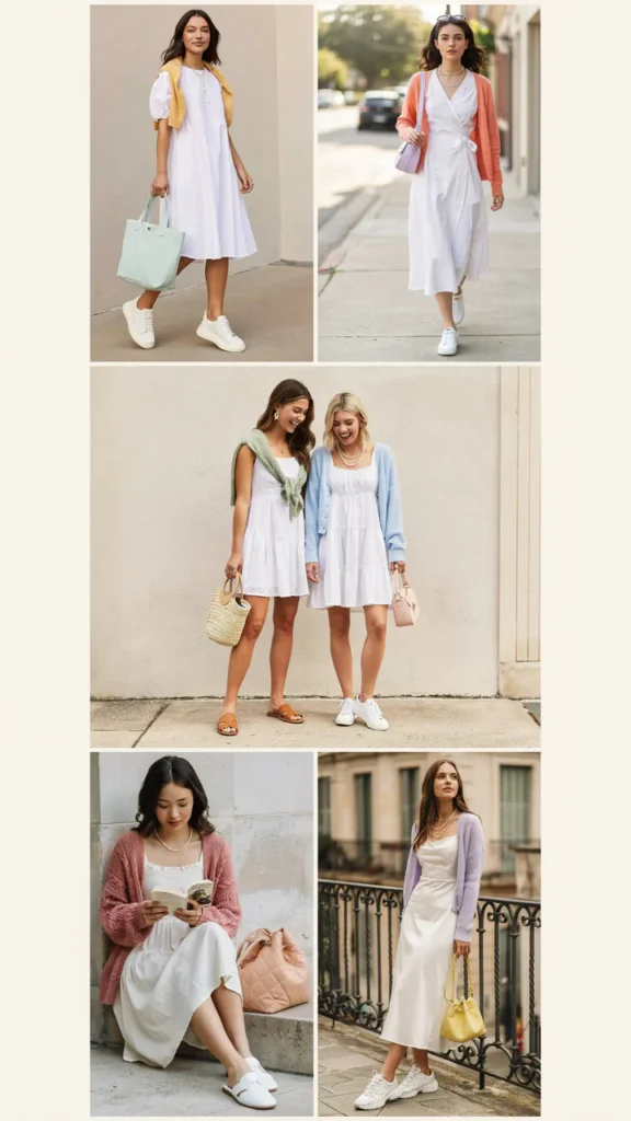 White Dress with Colorful Cardigan