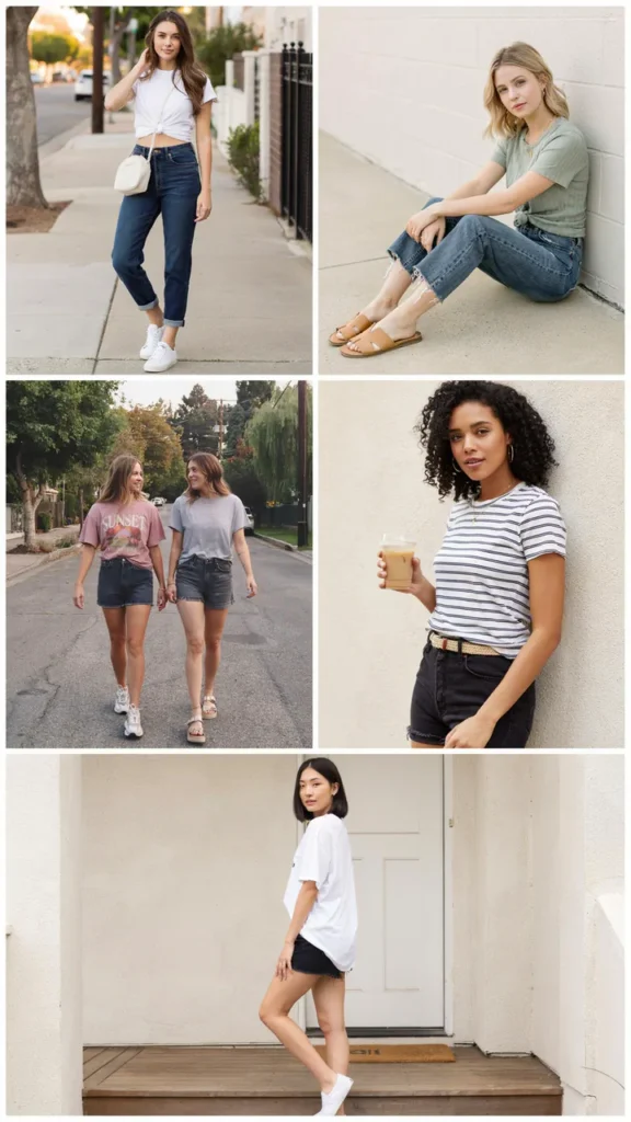 Baby Tee with Dark Denim Shorts