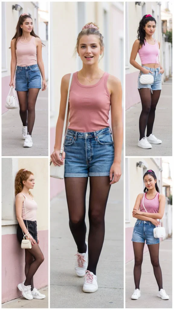 Pink Tank Top with Jean Shorts and Tights