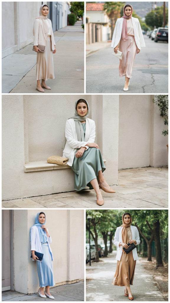 Satin Skirt, White Blazer, and Soft Hijab