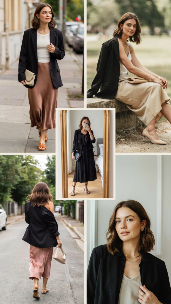 Black Blazer with a Slip Skirt and Tank Top
