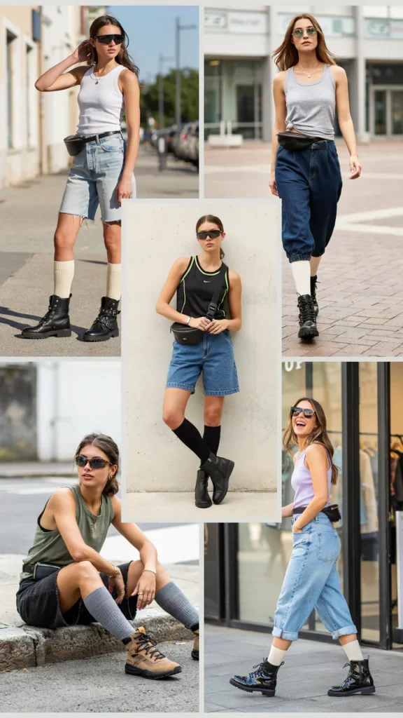 Jersey Tank with Baggy Denim Shorts and Moto Boots