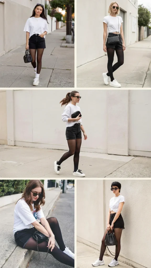 White Tee with Black Jean Shorts and Tights