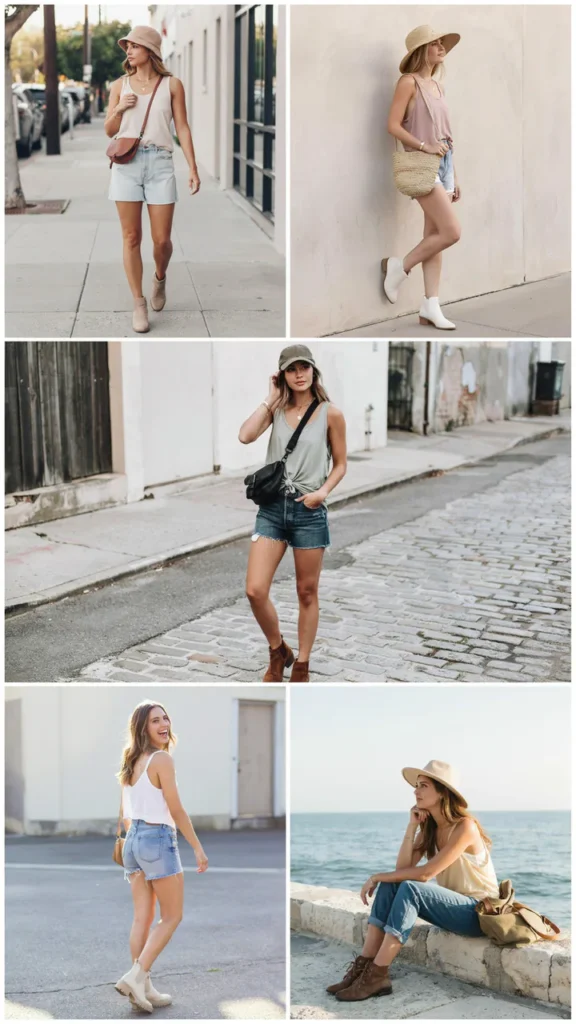 Hot-Weather Tank with Loose Denim Shorts and Short Boots