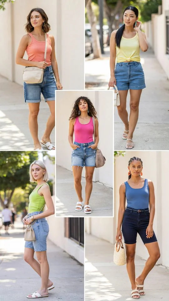 Bright Color Tank with Blue Jean Shorts