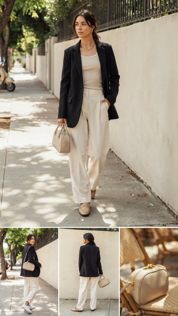 Black Blazer with a Neutral Tank and Wide-Leg Pants