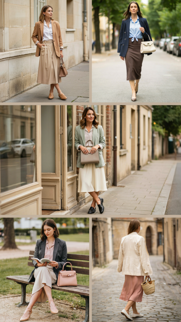 Blazer with Button-Down Shirt and Midi Skirt