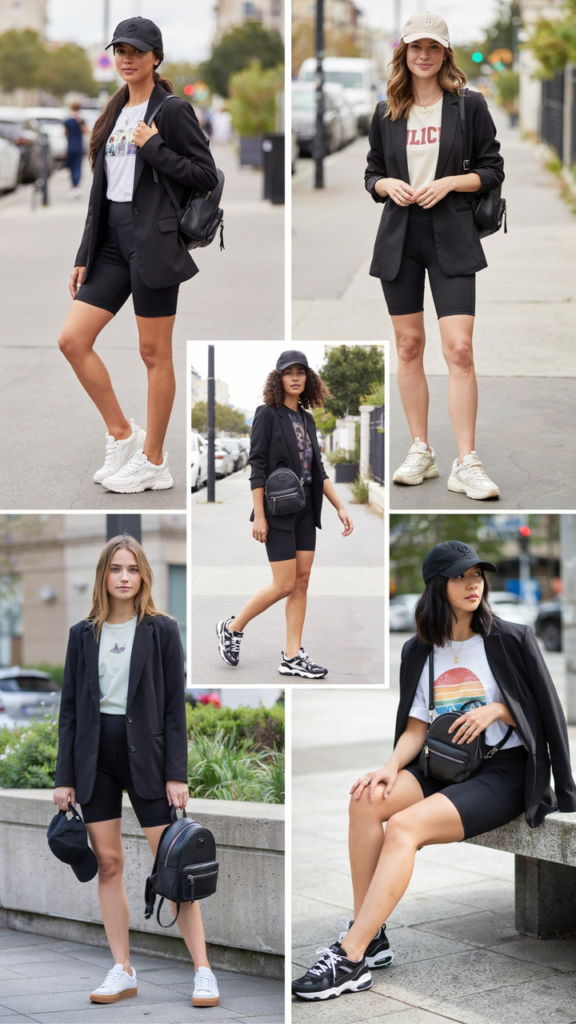 Black Blazer with a Graphic T-Shirt and Biker Shorts