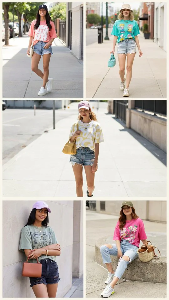 Graphic T-Shirt with Ripped Jean Shorts