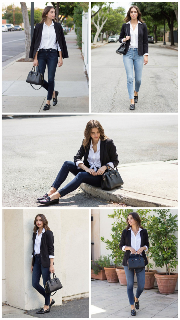 White Button Shirt, Skinny Jeans, and Black Blazer
