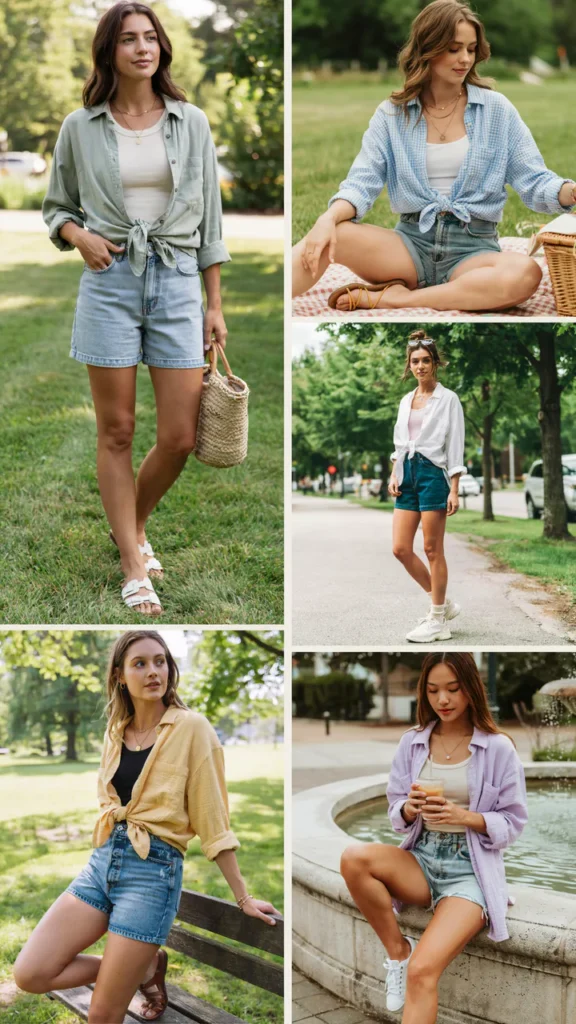 Button-Down Shirt Tied with Jean Shorts