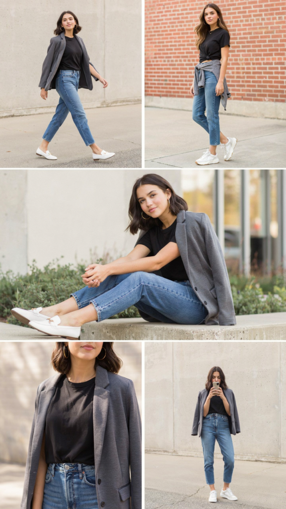 Black T-Shirt with Straight Jeans and Gray Blazer