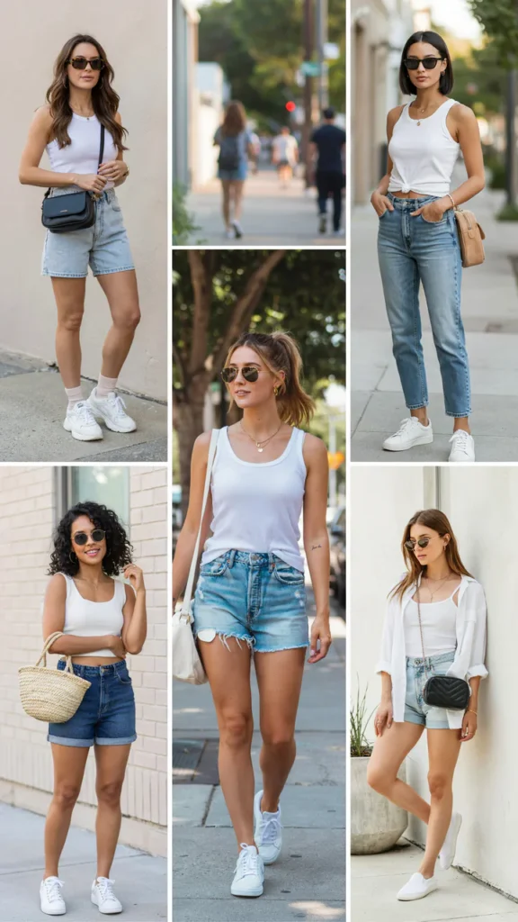 White Tank Top with Denim Shorts