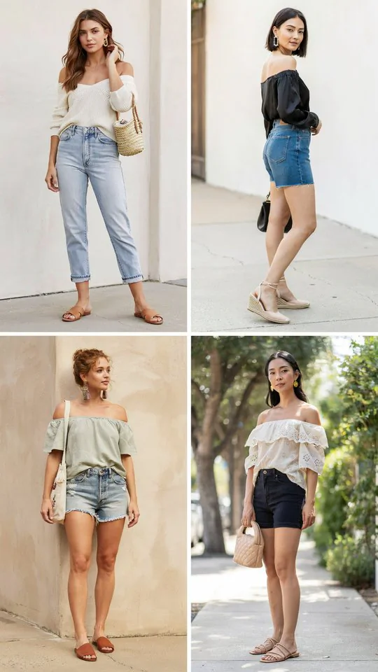 Off-Shoulder Top with Jean Shorts