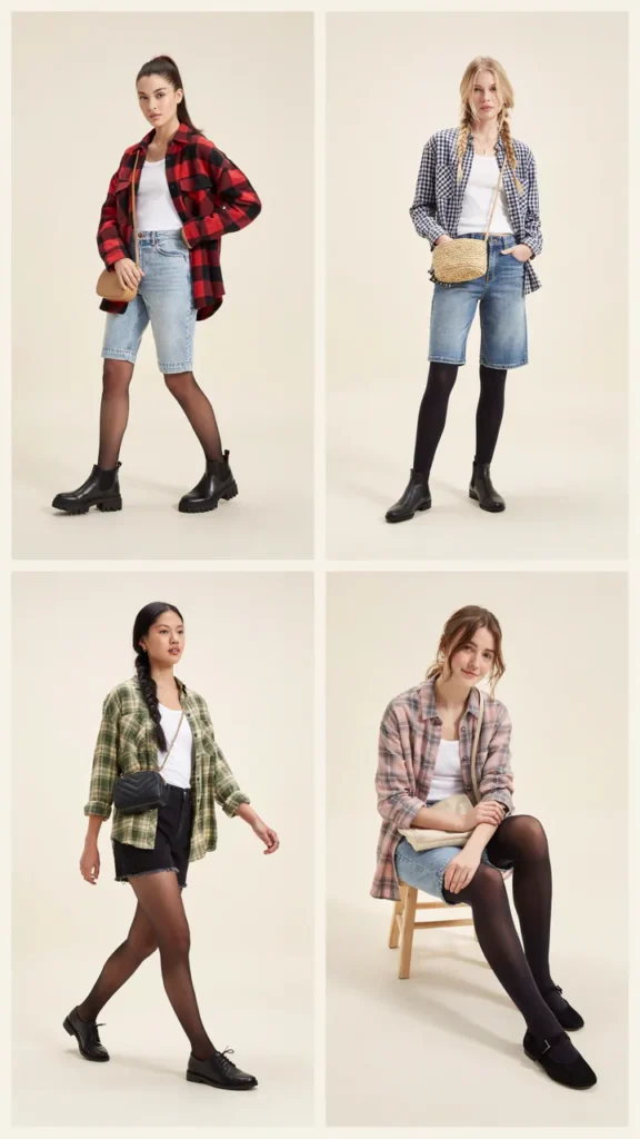 Plaid Shirt with Jean Shorts and Tights