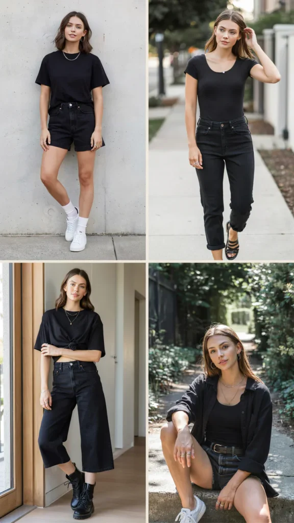 Simple Black Tee with Black Jean Shorts