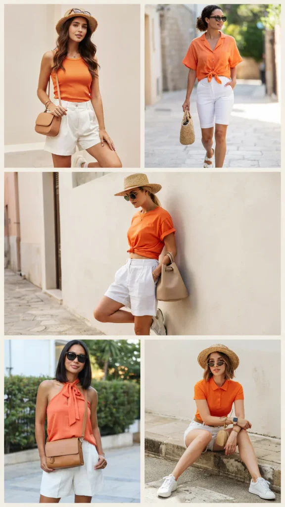 Bright Orange Top with White Shorts