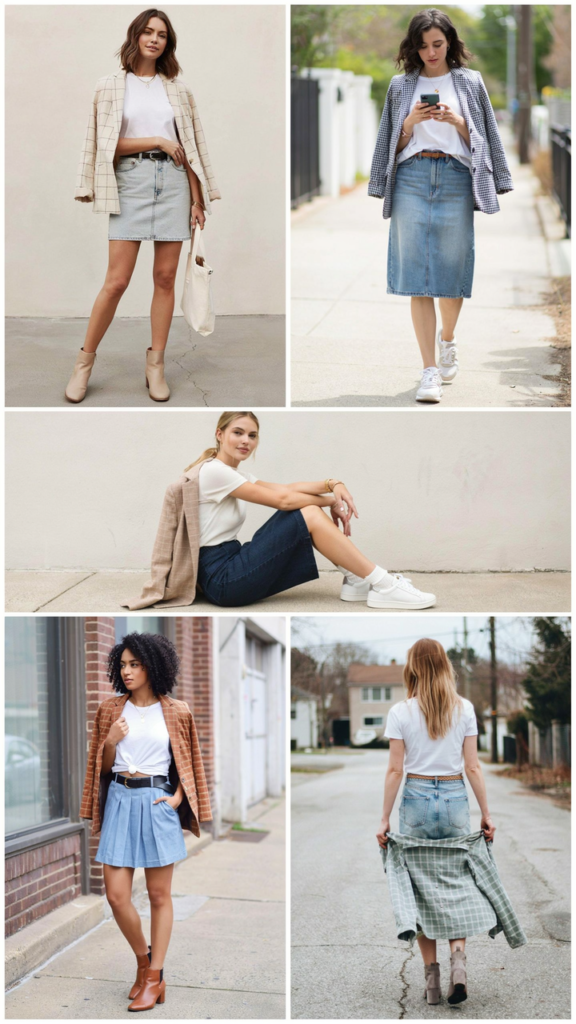 Denim Skirt with White Tee and Checked Blazer