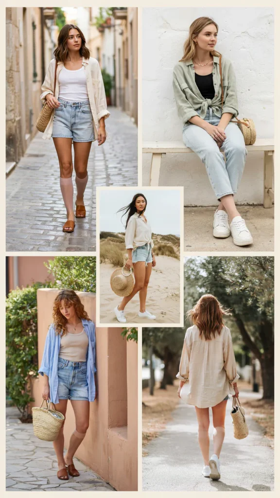 Linen Shirt with Jean Shorts and Sheer Tights