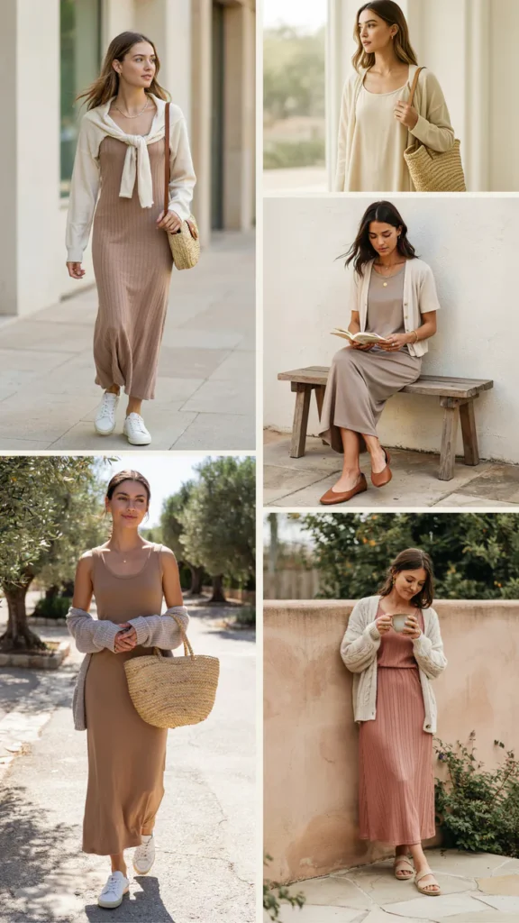 Neutral Maxi Dress with Light Cardigan