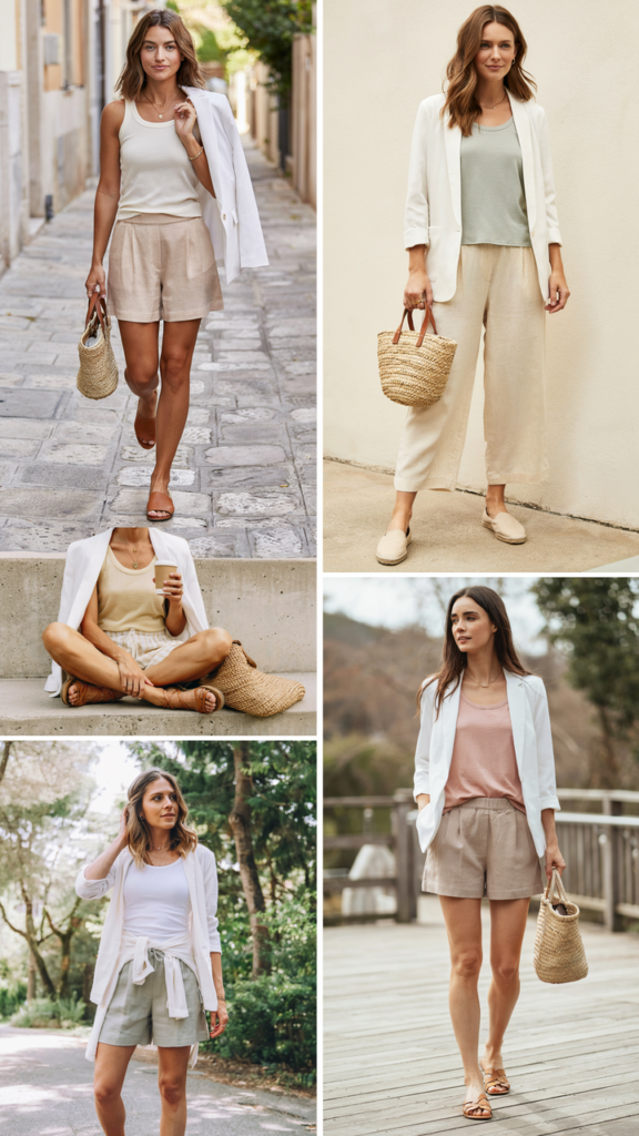 Linen Tank with Linen Shorts and White Blazer