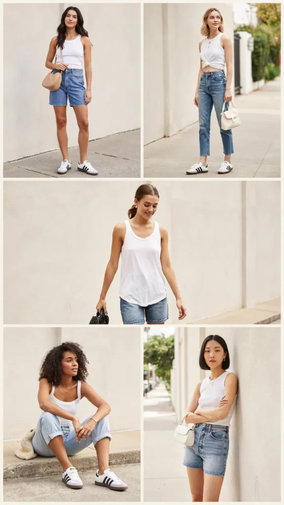 White Tank Top with Blue Jean Shorts