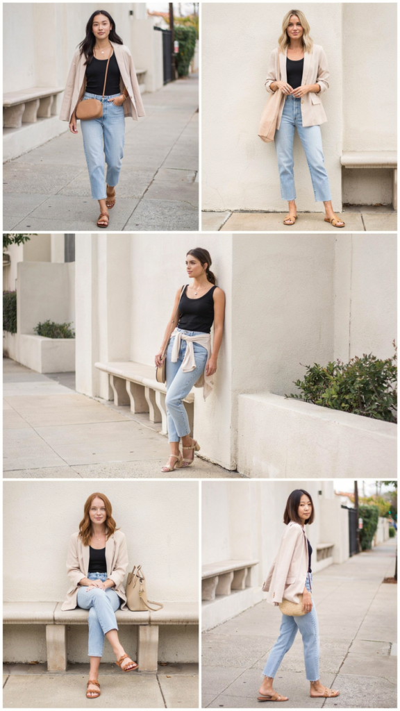 Black Tank Top, Light Jeans, and Beige Blazer