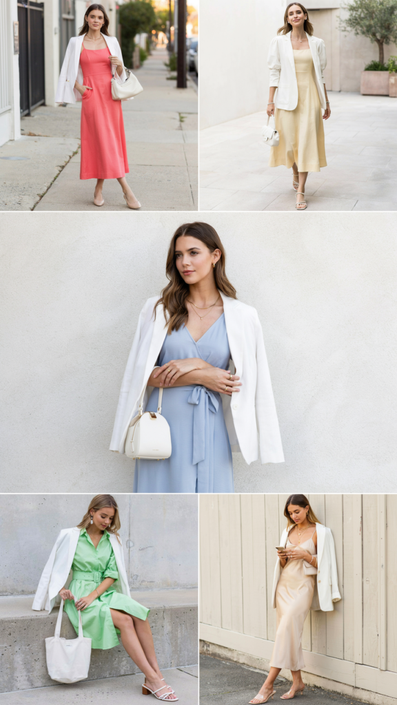 Bright Dress with White Blazer